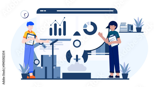 Business innovation hub concept featuring a rocket launch and data analytics symbolizing a successful startup project