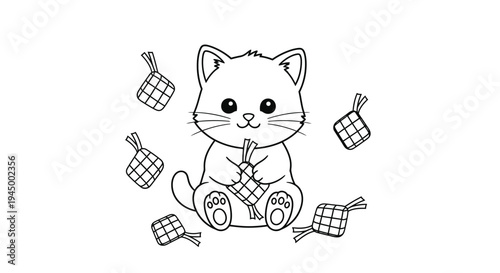 Adorable Kitten Surrounded by Ketupat - A Festive Coloring Page.