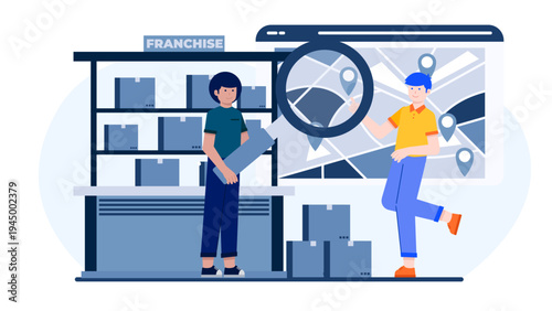 Entrepreneurs searching for new locations on a map for business franchise expansion and retail growth