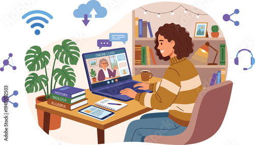 Online learning and remote work with a student or professional using a laptop and tablet at a desk with books and plants, symbolizing education and connection
