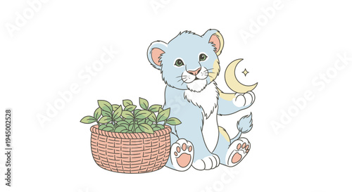 Adorable Lion Cub with Moon Toy and Herb Basket Illustration.