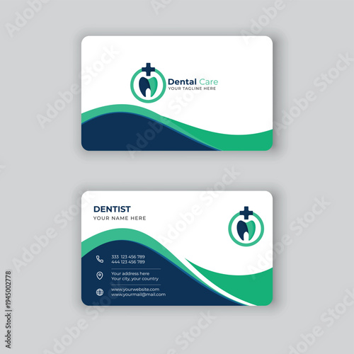 Modern Dental Care Clinic and Dentist Business Card Template with Tooth Icon