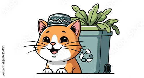 Cartoon Cat with Kufi Hat and Recycling Bin Illustration.