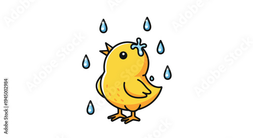 Cartoon Chick Enjoying a Refreshing Rain Shower Illustration.