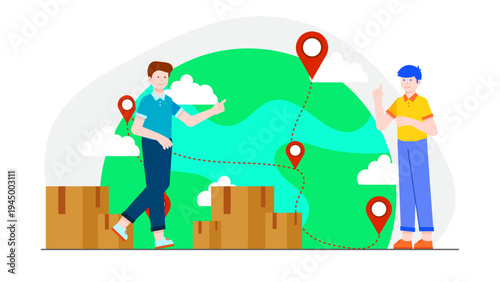 Two men coordinating international shipping routes across the globe
