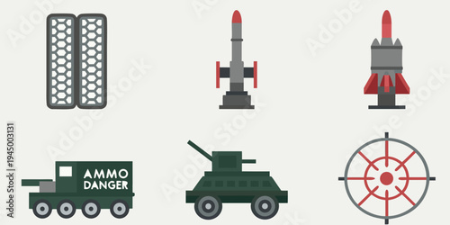 Flat vector icons depicting military vehicles rockets and targeting systems