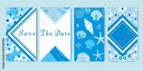 Four vertically oriented save the date cards with a nautical theme