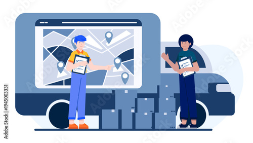 Logistics workers checking inventory and delivery routes on a digital map with a cargo truck background