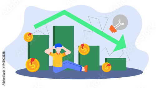 A frustrated businessman sitting in front of a falling bar chart and broken coins representing financial loss