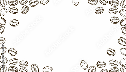 Coffee beans pattern. Doodle coffe background pattern. Each  bean displays rich brown tones and detailed texture. Simple design emphasizes natural coffee bean frame