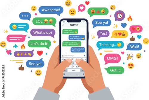 Hands holding a smartphone, surrounded by speech bubbles with various emojis and text messages, illustrating digital communication and social media interactions
