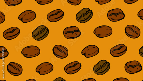 Coffee beans pattern. Doodle coffe seamless pattern. Each  bean displays rich brown tones and detailed texture. Simple design emphasizes natural coffee bean shapes and shadows