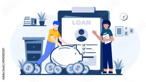 A financial advisor assisting a client with a loan application near a large piggy bank and coins