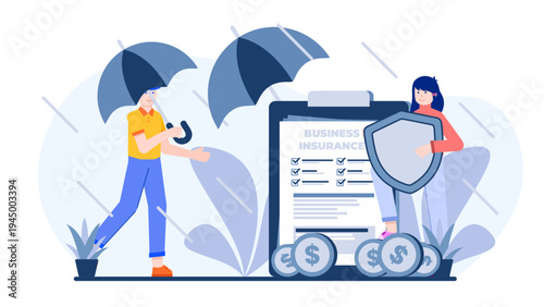 Business people using umbrellas and shields to protect financial assets from falling rain and economic risks