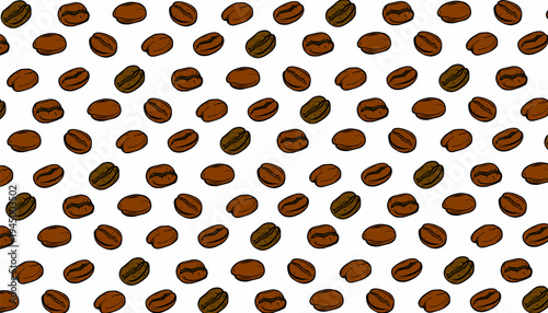Coffee beans pattern. Doodle coffe seamless pattern. Each  bean displays rich brown tones and detailed texture. Simple design emphasizes natural coffee bean shapes and shadows