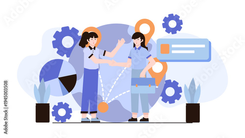 Two businesswomen shaking hands in front of a global map background