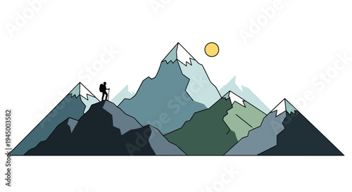 A lone hiker with a backpack and trekking pole is standing on a peak amidst five stylized mountains with snow caps and a yellow sun.