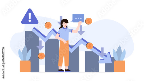 Flat design illustration showing a woman facing business failure and bankruptcy with a falling arrow and warning sign