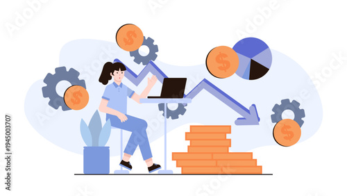 Illustration of a woman working on a laptop during an economic recession with declining charts and money symbols