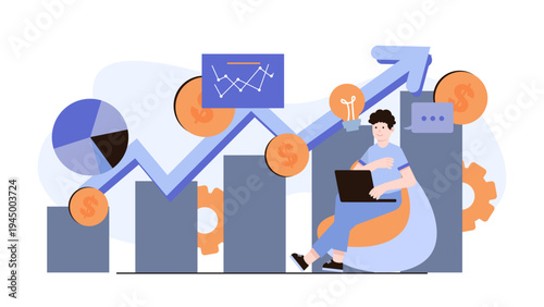 Flat design showing business recovery and growth with a rising arrow and successful investment analysis