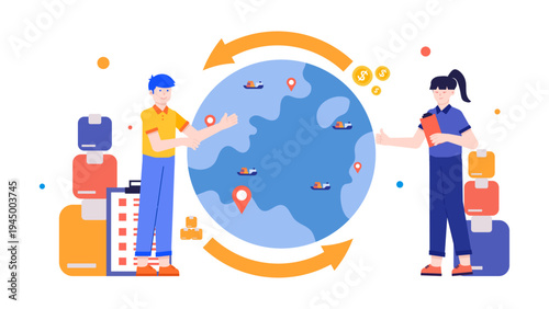 Illustration of global supply chain and logistics showing international trade routes and cargo shipping