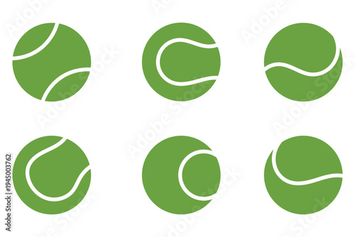 Tennis balls collection. Tennis ball silhouettes featuring various white seam patterns and curved line designs.  Vector illustration.