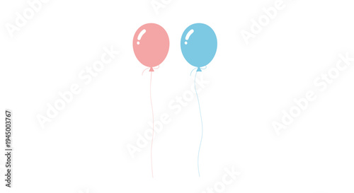 Two pastel-colored balloons, one pink and one blue, float with strings dangling downwards against a plain white background.