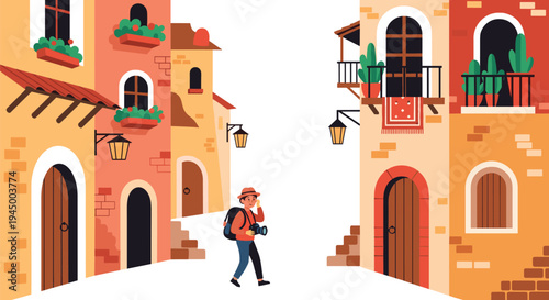 A male tourist with a backpack and camera walks along a narrow street lined with colorful buildings featuring arched doorways and potted plants.