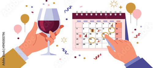 Planning a celebration with a glass of wine and marking dates on a calendar, surrounded by festive confetti and balloons, symbolizing upcoming events and special occasions