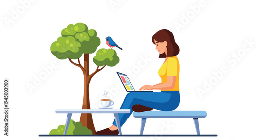 A woman sits on an outdoor bench, working on her laptop next to a small tree with a bird and a coffee cup.