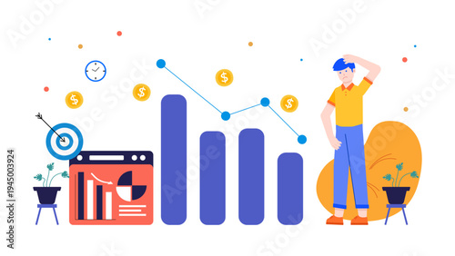 Character managing business risk with falling charts and target symbols
