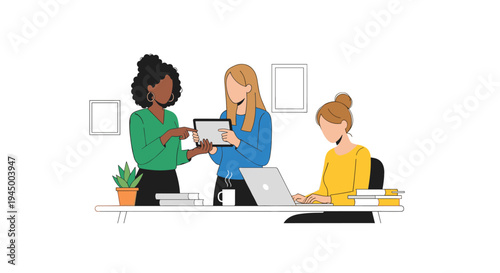 Three diverse women are collaborating at an office desk, with one pointing at a tablet while another works on a laptop.