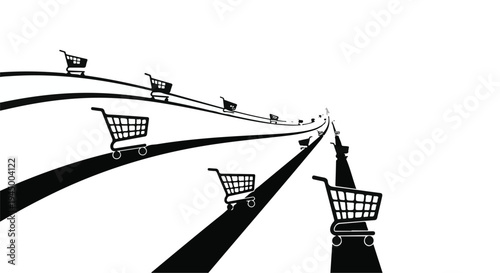 A long line of shopping carts moving forward on a bright, abstract path.