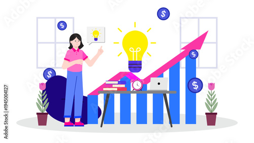 Woman standing near a rising growth chart with a bright idea bulb