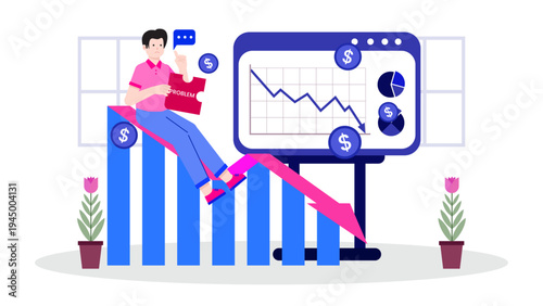 Man sitting on a falling chart representing financial crisis and debt