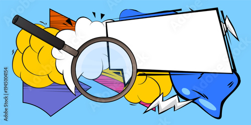 Cartoon Magnifying glass with blank speech bubble, comic book Focus background. Retro vector comics pop art design.
