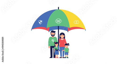 A cartoon family of four, father, mother, and two daughters, stands closely under a large, multi-colored umbrella.
