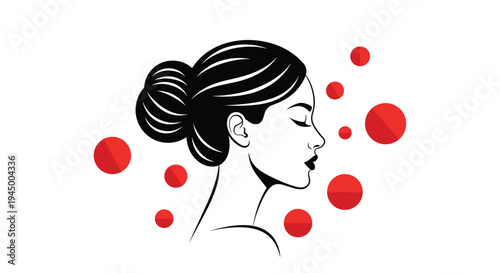 A black and white line art illustration of a woman's profile with an elegant updo and closed eyes is surrounded by floating red circles on a white background.
