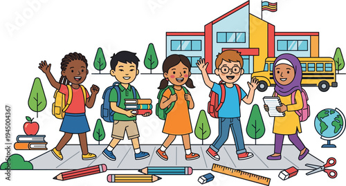 Diverse group of children walking to school with backpacks and books, ready for a new day of learning and fun