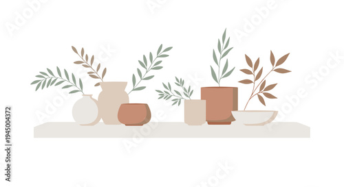A minimalist arrangement of seven ceramic vases and bowls in muted earthy tones, holding leafy branches, rests on a light grey shelf against a plain white background.