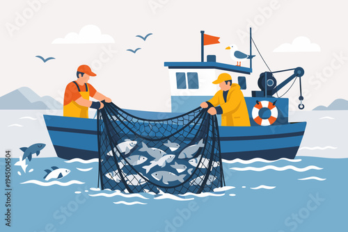 Professional fishermen hauling a heavy net filled with fish onto a blue boat in the open sea. Flat vector design showing commercial fishing industry, maritime labor, and ocean seafood harvest.