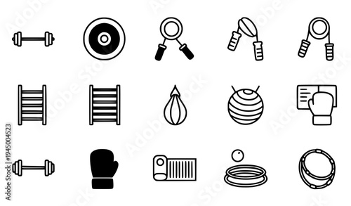 Fitness equipment solid icon set barbell weight jump rope boxing vector collection
