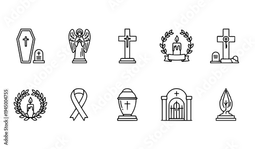Funeral outline icon collection coffin grave memorial burial linear symbols
