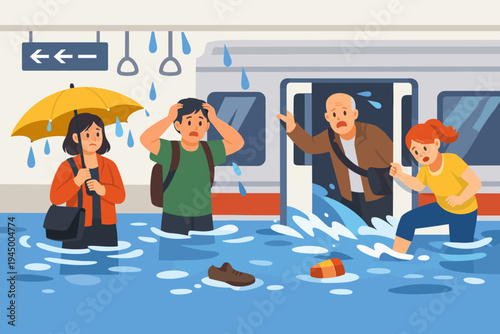 Passengers facing a flood disaster in a subway station with water leaking from the ceiling and people panicking as they exit the train during a heavy rainstorm and urban flooding emergency.