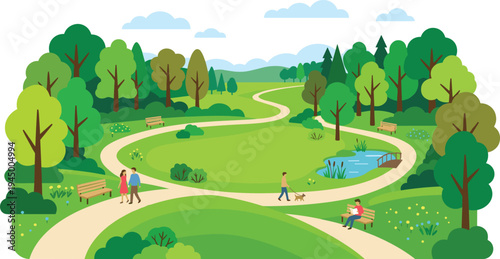 A beautiful illustration of a serene park scene with winding paths, lush green trees, a tranquil pond, and people enjoying leisure activities outdoors
