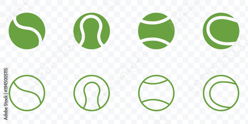 Tennis and padel balls, showcasing both filled and outline styles for sports design. Flat minimal sport elements for tennis branding, stickers, patterns, icons or web design. 