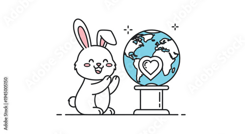 Cute Bunny Adoring Earth with Heart, Symbolizing Love and Care.