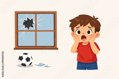 Shocked Little Boy Feeling Guilty After Accidentally Breaking a Window Glass with a Soccer Ball While Playing Indoors, Flat Vector Illustration of a Scared Child, Terrified Kid and Broken Window.