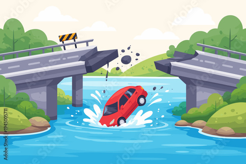 Red car falling into a river from a collapsed bridge due to a natural disaster or flood, broken road infrastructure accident scene with water splash, flat vector illustration for safety concept.