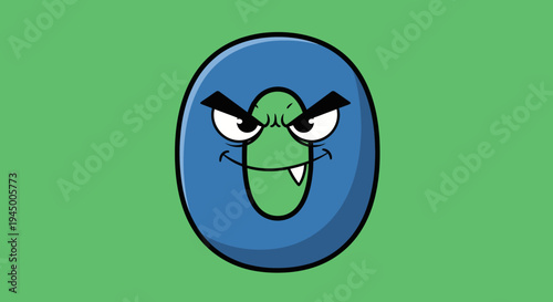Cartoon Number Zero with Evil Face on Green Background